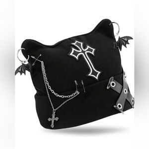 Goth Grunge Cat Beanie Hat Gothic Punk Black Cat Ear Beanie Y2K Knitted Cap OS